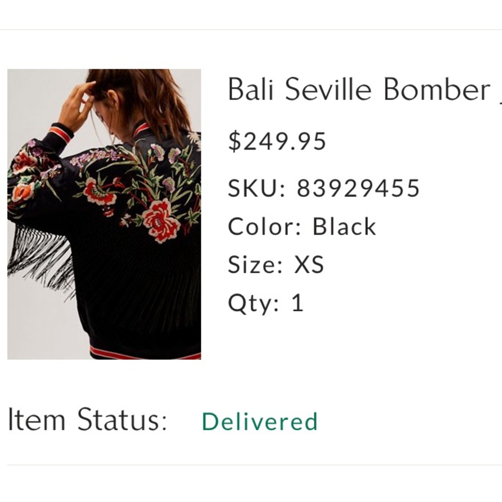 Free People Black Bomber Jacket with Floral Embroidery